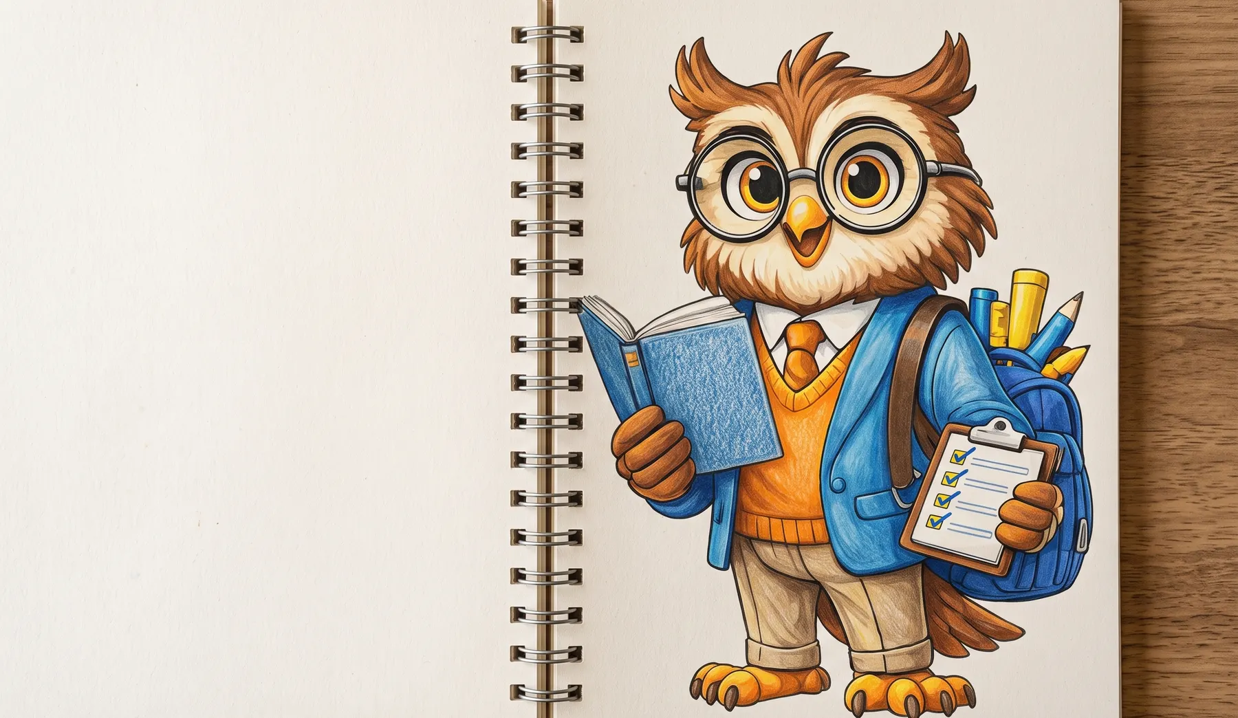 Leo, el mentor de Orienta: un búho con gafas, saco azul, libro y portapapeles, dibujado en un cuaderno.