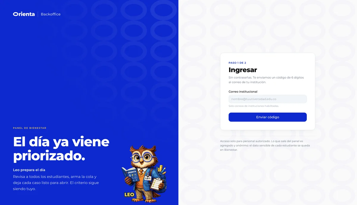 Pantalla de acceso al panel de Bienestar de Orienta.